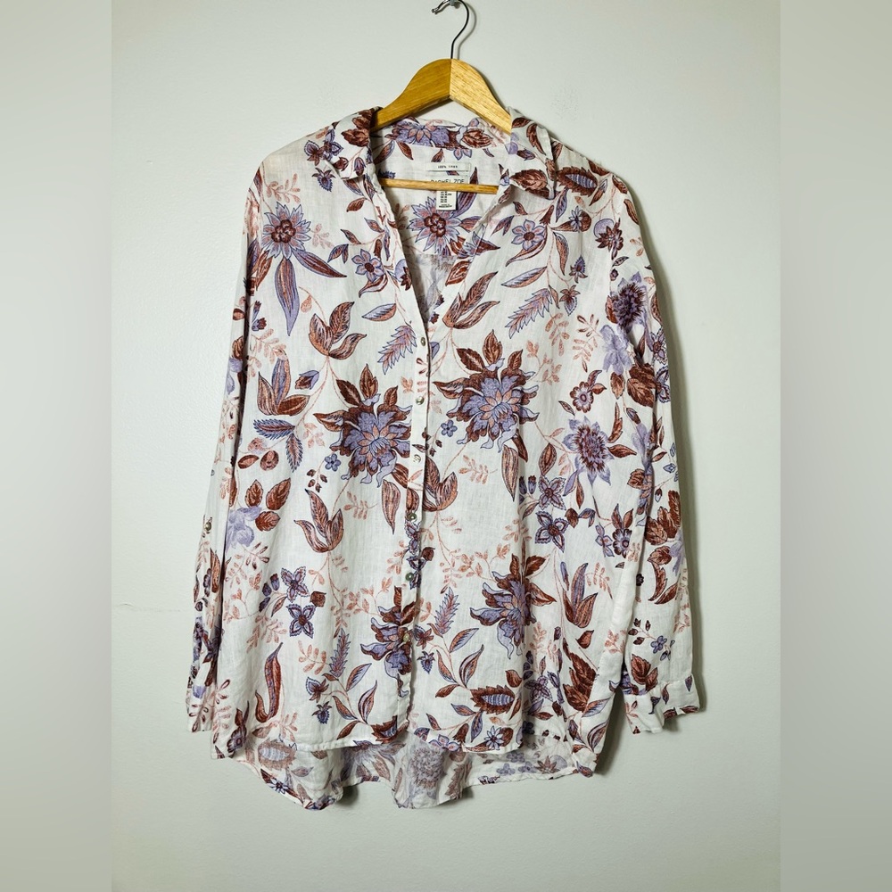 Rachael Zoe 100% Linen Button Front Top Floral XL Lagenlook Beach Long Sleeves‎